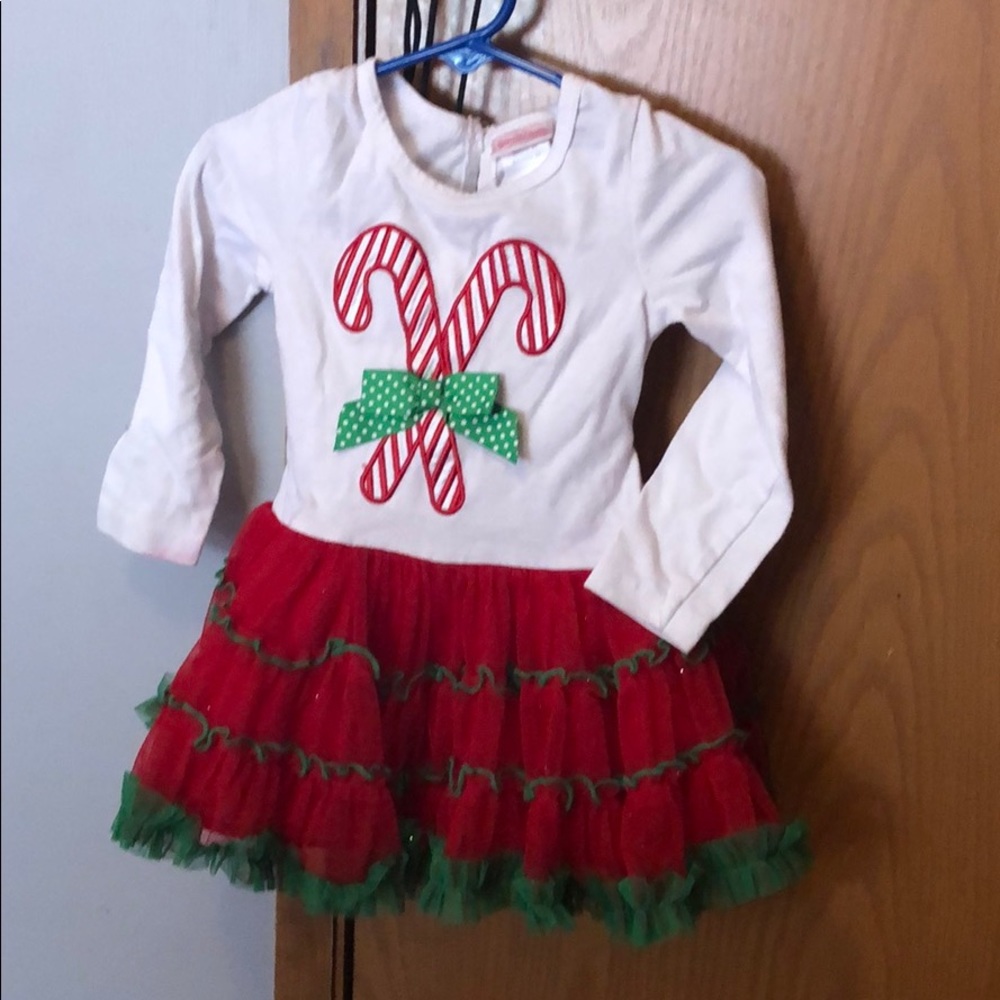 Candy cane Christmas dress with polka dot pants.
